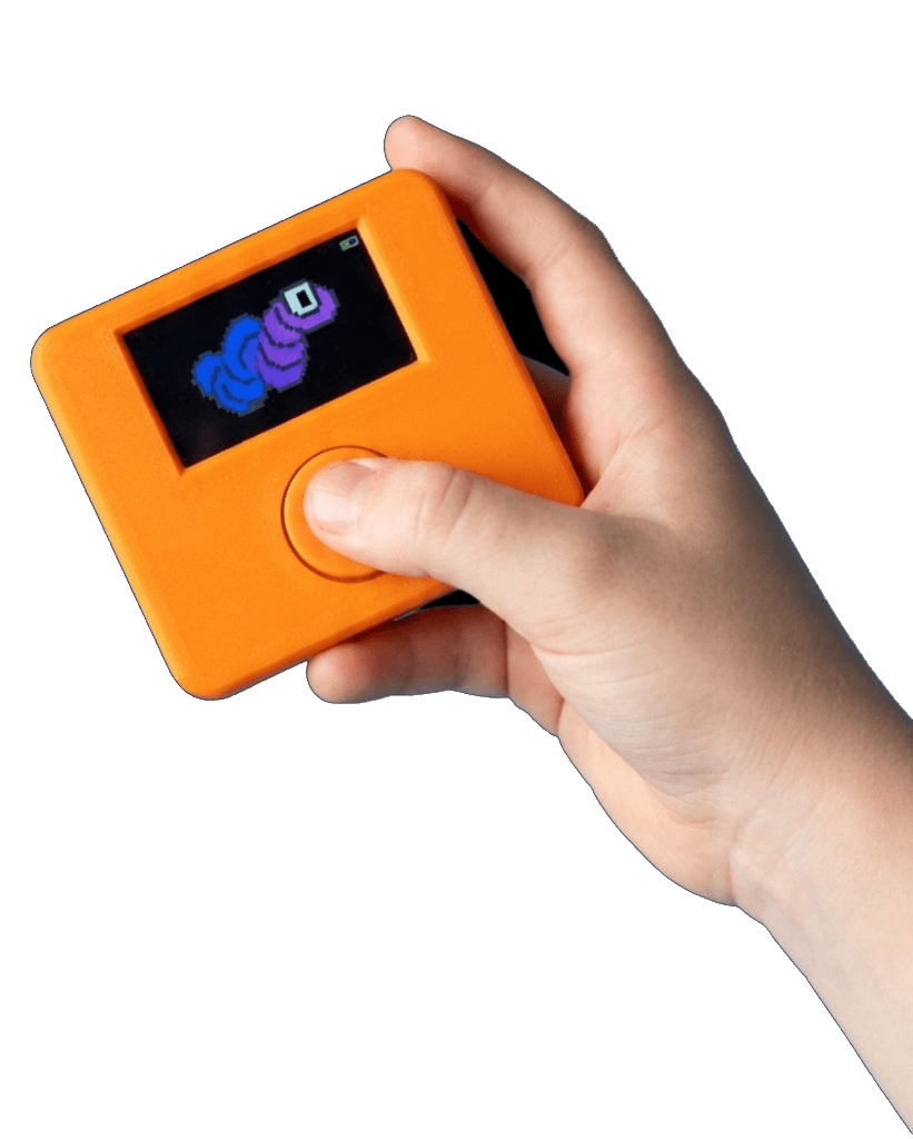 A hand holding an orange Mio clicker