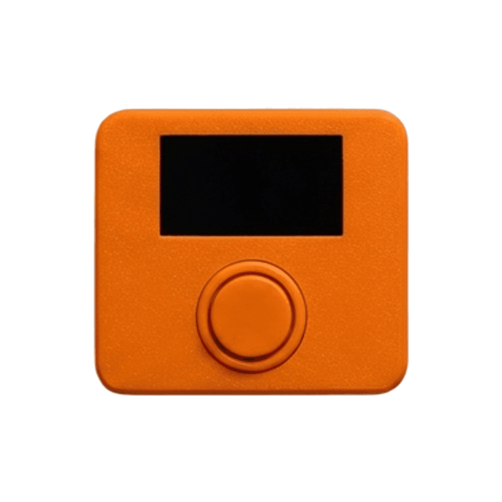 An orange Mio clicker with its own digital creature